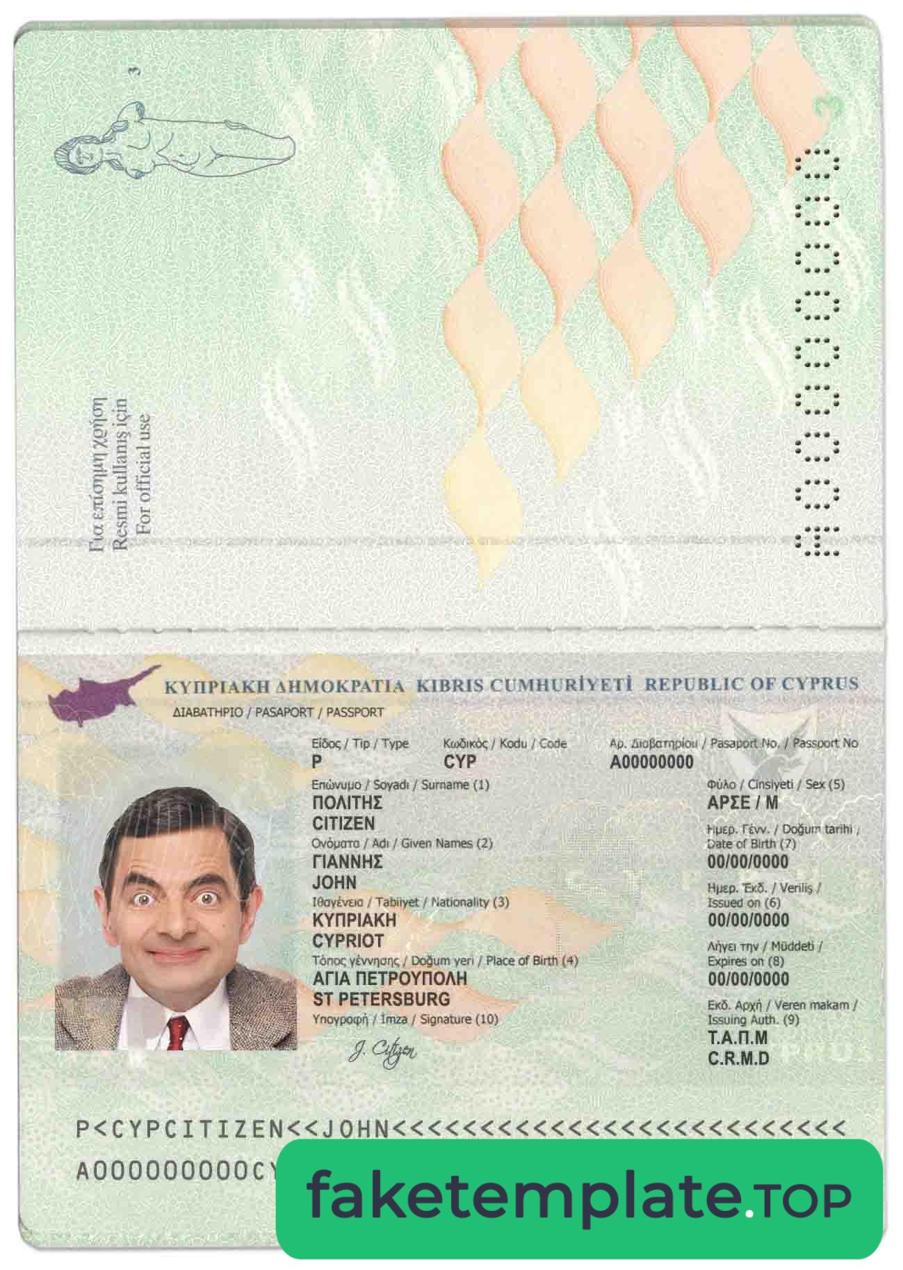 Feature of fake Cyprus passport example